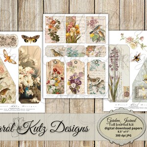 May include: A digital download kit of printable papers featuring a garden theme. The papers include images of flowers, birds, butterflies, and other nature-inspired elements. The papers are 8.5 inches by 11 inches and 300 dpi.