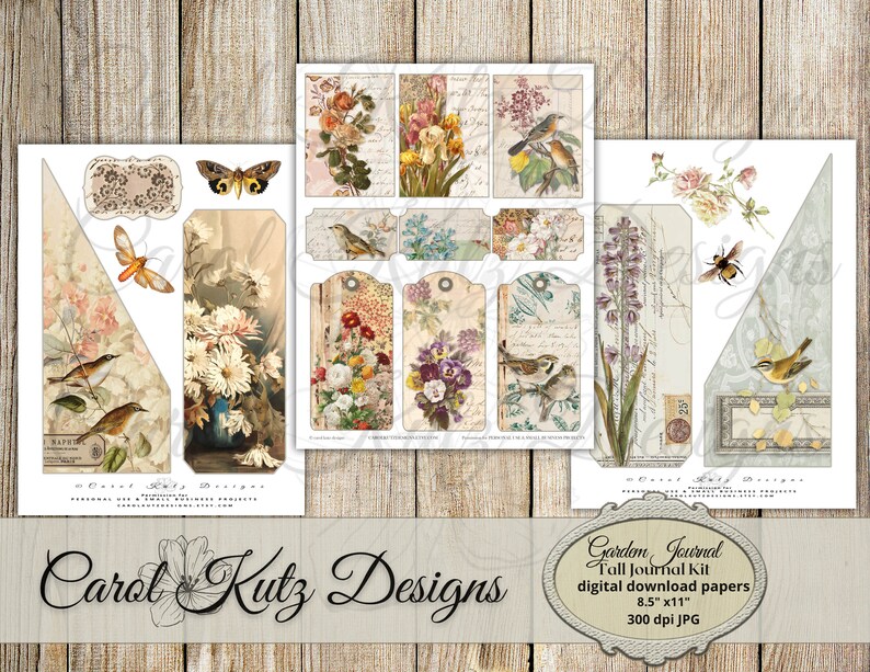 May include: A digital download kit of printable papers featuring a garden theme. The papers include images of flowers, birds, butterflies, and other nature-inspired elements. The papers are 8.5 inches by 11 inches and 300 dpi.