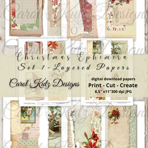 Junk Journal, set di effimeri natalizi 1, fogli a strati, fogli effimeri, download digitale, stampabili, carte creative, Carol Kutz Designs