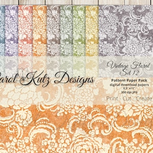 May include: A set of 12 digital paper patterns featuring a vintage floral design in various colors. The papers are 8.5 inches by 11 inches and 300 dpi. The text "Vintage Floral Set 12" is at the top of the image. The text "Pattern Paper Pack digital download papers 8.5" x11" 300 dpi JPG Print - Cut - Create" is at the bottom of the image.