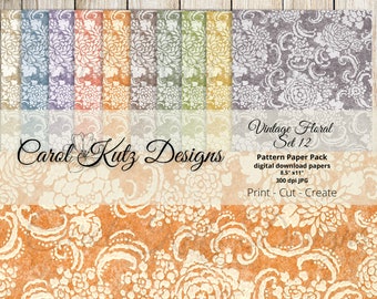 May include: A set of 12 digital paper patterns featuring a vintage floral design in various colors. The papers are 8.5 inches by 11 inches and 300 dpi. The text "Vintage Floral Set 12" is at the top of the image. The text "Pattern Paper Pack digital download papers 8.5" x11" 300 dpi JPG Print - Cut - Create" is at the bottom of the image.