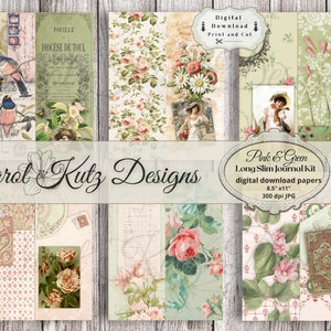 Könnte beinhalten: Rosa und grünes digitales Papierpaket für lange, schmale Journale. Das Paket enthält 10 Papiere mit floralen, Vogel- und Vintage-Designs. Die Papiere sind 8,5 Zoll mal 11 Zoll groß und haben eine Auflösung von 300 dpi.