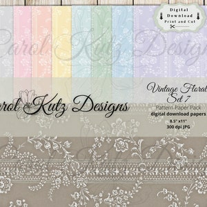 May include: A set of 7 digital vintage floral patterned papers in pastel colors. The papers are 8.5 inches by 11 inches and 300 dpi JPG. The papers are perfect for scrapbooking, card making, and other paper crafts.