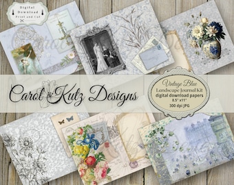 Könnte beinhalten: Vintage Blue Landscape Journal Kit digitale Download-Papiere. Das Kit enthält 8,5 x 11 Zoll große Papiere in einem blau-weißen Farbschema. Die Papiere zeigen eine Vielzahl von Designs, darunter florale Muster, Spitze und Vintage-Illustrationen.