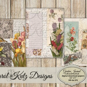 May include: A digital download kit for a journal featuring a floral theme. The kit includes 8.5 x 11 inch papers with images of irises, birds, and other flowers. The papers are 300 dpi JPG files.