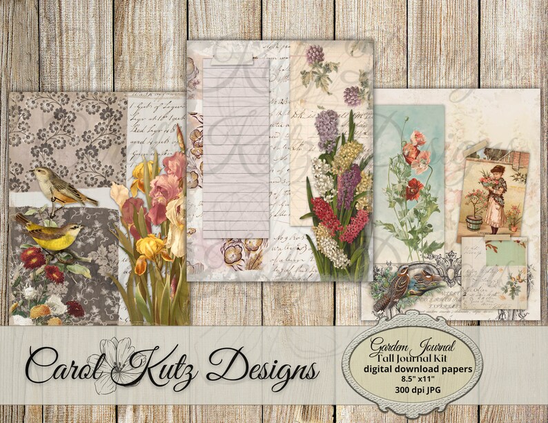 May include: A digital download kit for a journal featuring a floral theme. The kit includes 8.5 x 11 inch papers with images of irises, birds, and other flowers. The papers are 300 dpi JPG files.