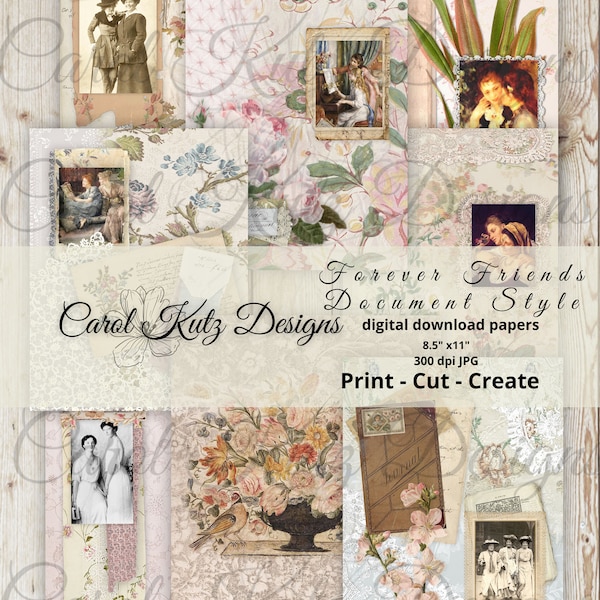 Forever Friends Set 1, Document Style, Long Slim Journal, Instant Digital Download , Vintage Prints, Junk Journal, Carol Kutz Designs