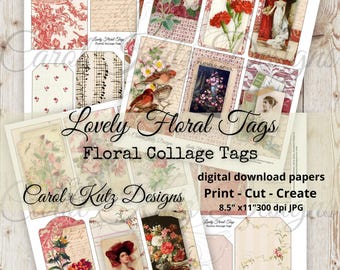 Lovely Floral Tags, Digital Download, Junk Journal Tags, Printable, Carol Kutz Designs