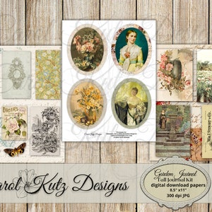May include: Digital download kit for a journal featuring floral and garden themed images. The kit includes 8.5 x 11 inch images at 300 dpi. The images feature vintage illustrations of flowers, gardens, and women in floral dresses.