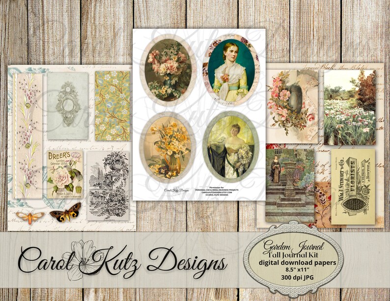 May include: Digital download kit for a journal featuring floral and garden themed images. The kit includes 8.5 x 11 inch images at 300 dpi. The images feature vintage illustrations of flowers, gardens, and women in floral dresses.