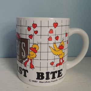 Vintage Hershey&#39;s Love at First Bite Coffee Mug, 1987 Hershey Food Corporation, Hershey&#39;s Milk Chocolate Almonds Bar, Cute Ducks and Hearts