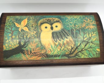 Vintage Handmade Decoupage Owl Wood Box: Felt Lined Keepsake