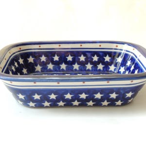 Boleslawiec Polish Pottery Rectangular Baking or Casserole Dish, Star Pattern Blue White Stars Red Dots, Stoneware Baker, Patriotic Kitchen