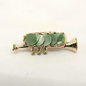 Vintage Trumpet Coronet Pin,  Pearlized Green, Scatter Pin, Instrument Brooch