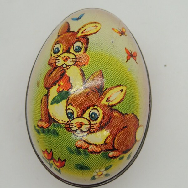 Vintage Lithographed Tin Easter Egg, Two Cute Bunnies and Butterflies, Pink Speckled, Small, 1960s, Vintage Easter Decor