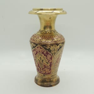 Vintage Etched and Painted Brass Vase, Ornate Design, BOHO Style, Bohemian, Beautiful Colors and Design, Heavy Solid Vase