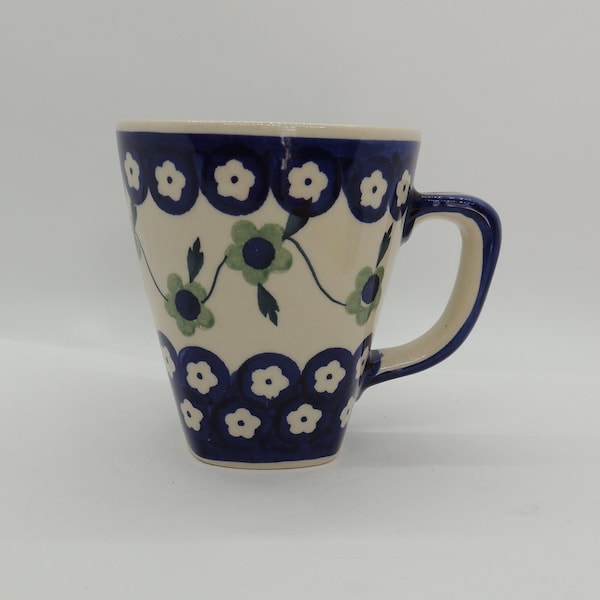 Polish Pottery Coffee Mug, Tea Mug, Cobalt Blue Green Floral Design, Signed and Numbered, Beautiful