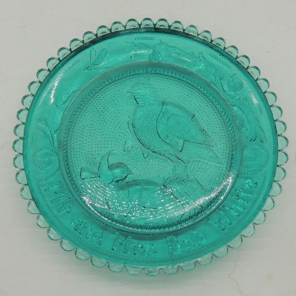 Vintage Mr. & Mrs. Bob White Pairpoint Cup Plate, Thorton W. Burgess Animal Friends, Teal Colored, Art Glass, Storybook Character, Whimsical
