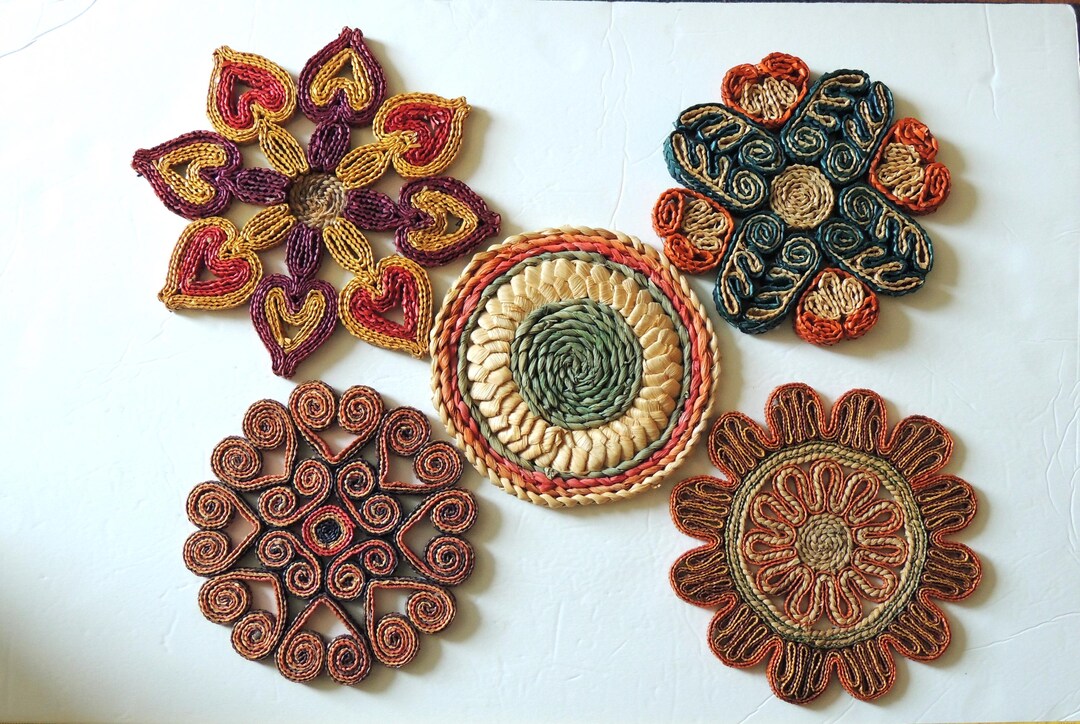 Vintage Lot of 5 Raffia Rattan Woven Trivets, BOHO Style, Different ...