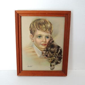 Vintage Silton Signed Print, A Boy and His Puppy, Little Boy with Dog, Vintage Framed Print