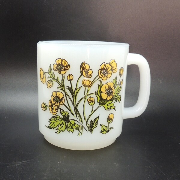 Vintage White Milk Glass Glasbake Floral Mug, Yellow Buttercup, In the Language of Flowers, The Symbol of Childhood, Beautiful Graphics