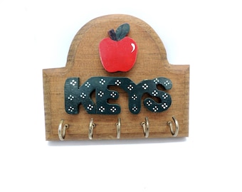 Vintage Wood Key Holder, Red Apple, Dark Green White Dots, Cottagecore Home Decor, Grandmacore