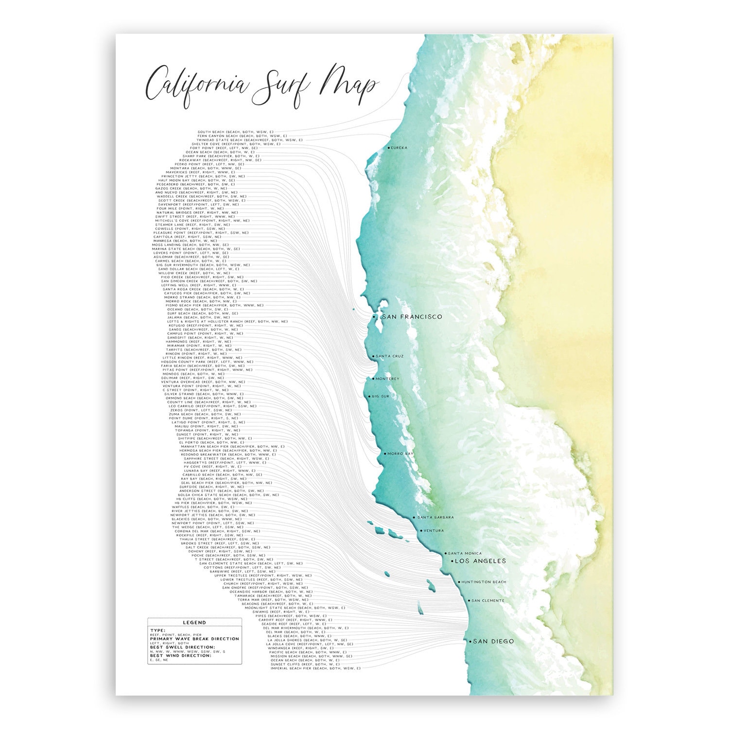 California Surf Map Surfing Spots Wall Art 18x24 Poster Print Surfers