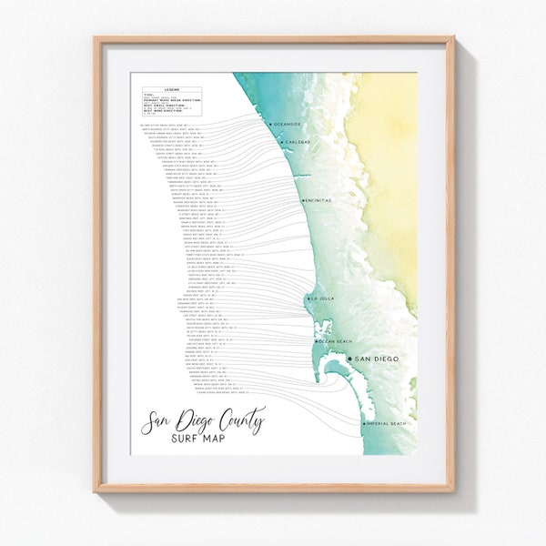 San Diego Surf Map Surfing Spots Wall Art 18x24" Poster Print Surfers Gift, Surfboard Artwork Decor, FREE SHIPPING