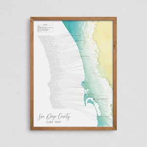 San Diego surfkaart surfplekken muurkunst 18 x 24" poster print surfers cadeau met belangrijke plek info Californië surfplank artwork decor GRATIS VERZENDING