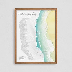 California Surf Map Surfing Spots Wall Art 18x24" Poster Print Surfers Gift, Surfboard Artwork Decor, FREE SHIPPING