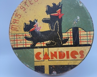 Vintage Mrs Stevens Candies Tin Scottie Dog Plaid Chicago Metal Candy Box