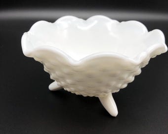 Vintage Candy Dish White Milk Glass Hobnail Ruffled Edge Three Footed A137