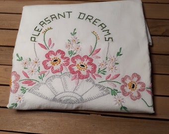 Hand Embroidered Pillow Case Sweet Dreams Floral Bouquet Guest Room 30" x  20.5"