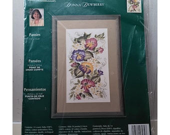 VTG Plaid Bucilla Cross Stitch Kit Pansies by Donna Dewberry 2002