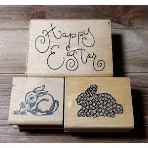 3 sellos de Pascua montados en madera, conejitos, tarjetas de Pascua, scrapbooking, manualidades.