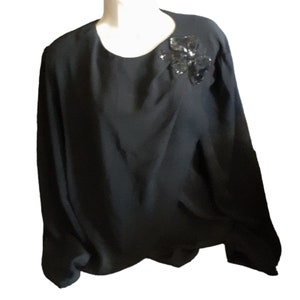 Vintage Blouse USA made Three Flags California Black Polyester w Sequin Bow L