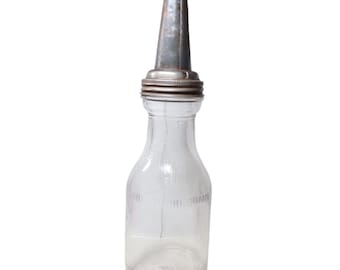 Duraglass Master Oil Bottle 1 Liquid Quart Clear Glass Jar Metal Spout 14" 1930s