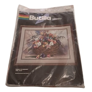 Bucilla Stitchery Basket of Sunshine Flowers Printed Canvas Crewel Embroidery