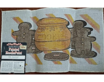 Handgeschilderd borduurcanvas met peperkoekjesmotief in een koekjespot, 9 x 17 inch.