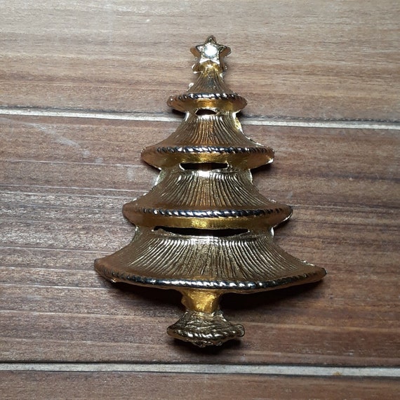VTG Christmas Tree Brooch Gold Tone Clear Rhinest… - image 5