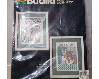 VTG Bucilla Cross Stitch Kit Bucilla Cats Pair Two Charts Fat Cat Pajamas 40107