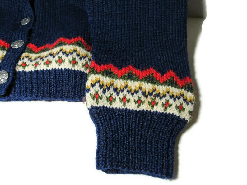 Vtg Wool Cardigan Sweater Hand Knit Norway Norsk Handsteikk AS Bergen L Fair Isle Holes