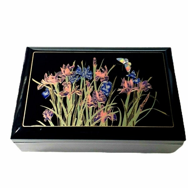 Jewelry Music Box that plays the Love Story Theme Black Lacquer Iris Inlaid Red Velvet Lined