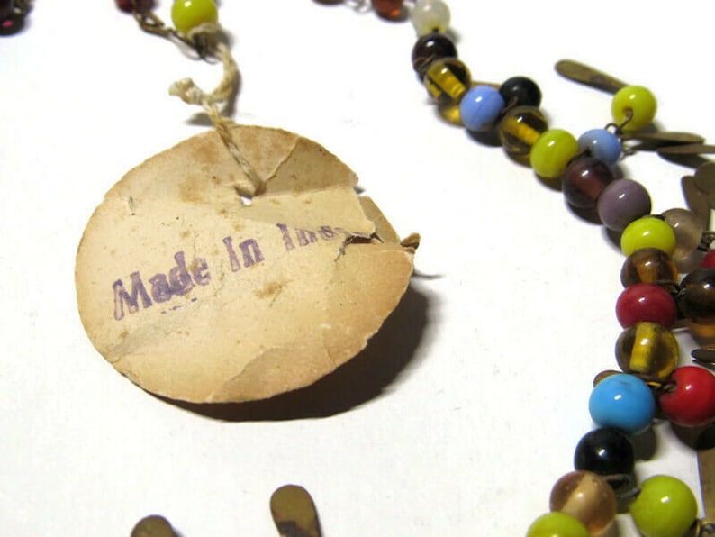India Souvenir Necklace Multicolor Glass Beads Dangle Drop Brass Metal Boho