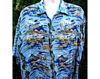 Hilo Hattie Mens Vacation Camp Shirt Volcano Aloha Friday Diamond Head Silk XL