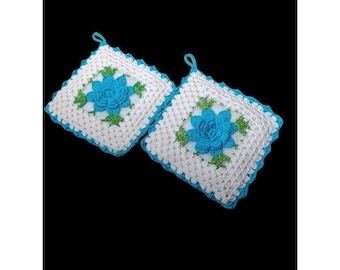 Hand Made Crochet Potholder Pair White with Raised Blue Flower 6" Granny Square