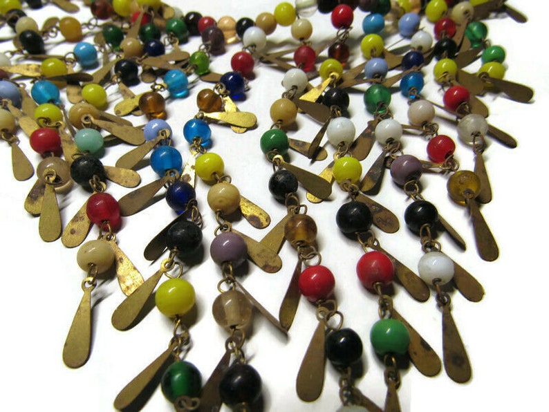 India Souvenir Necklace Multicolor Glass Beads Dangle Drop Brass Metal Boho