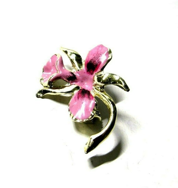 VTG Brooch Orchid Flower Enameled Silver Tone