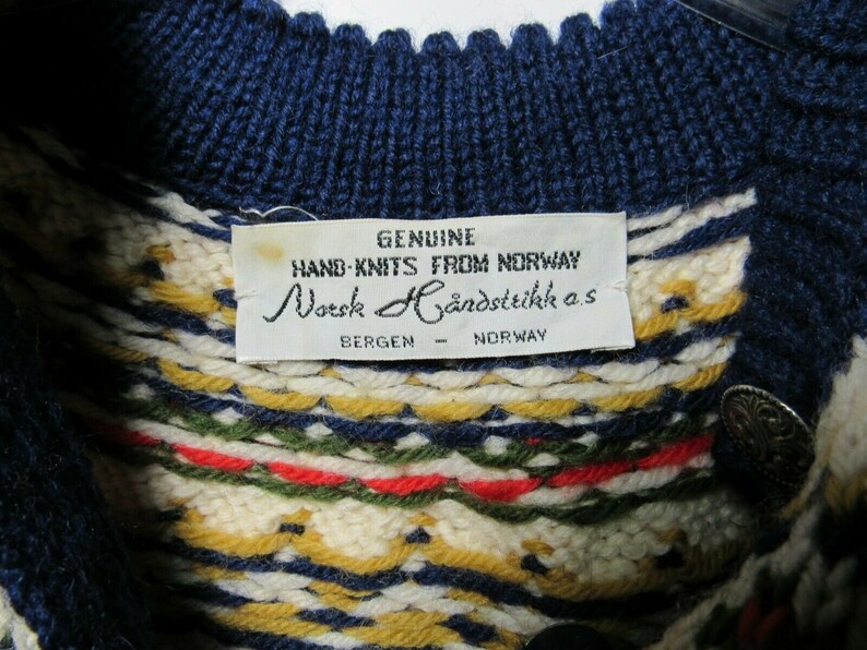 Vtg Wool Cardigan Sweater Hand Knit Norway Norsk Handsteikk AS Bergen L Fair Isle Holes