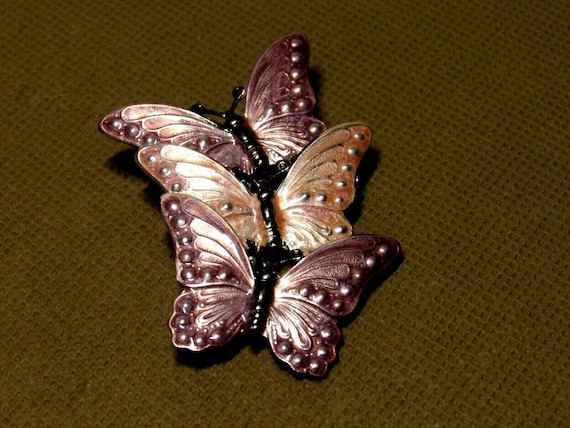 VTG Butterflies Brooch Enameled Filigree 3 Purple… - image 1